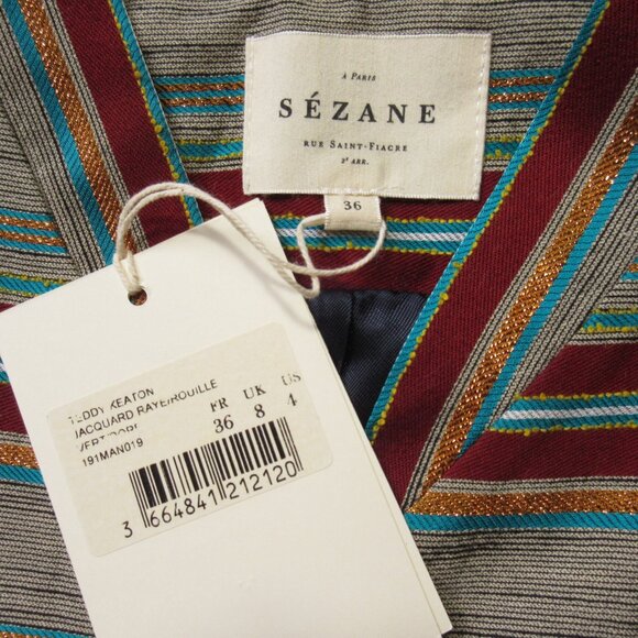 NWT Sezane Teddy Keaton in Jacquard Striped Rust Green Gold Bomber Jacket 36 4 - Picture 7 of 10